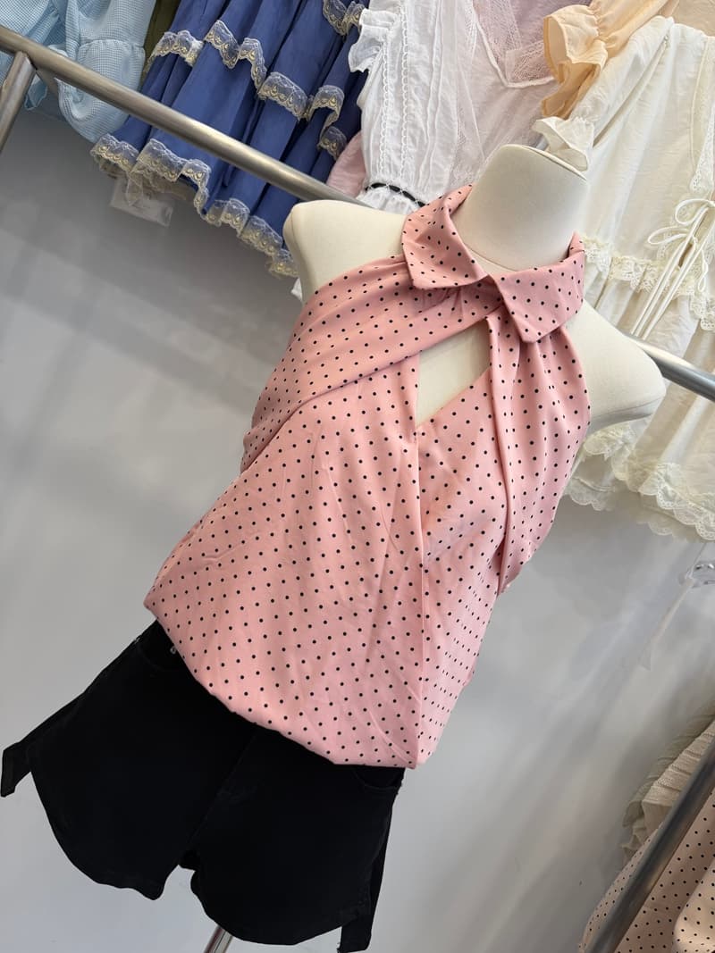 순수한 욕망 바람 핑크색 도트 무늬 행침 목 여성 셔츠 여름 디자인 센스 폴로 칼라 V넥 홀로우 아웃 쉬폰 민소매 맨위 상세 이미지 10