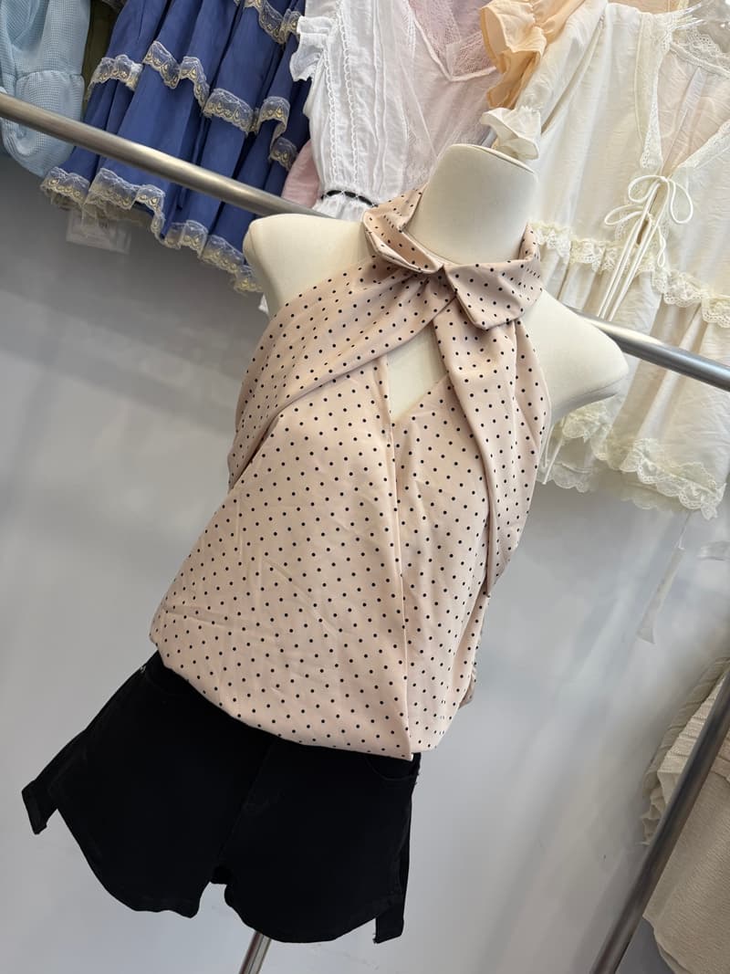 순수한 욕망 바람 핑크색 도트 무늬 행침 목 여성 셔츠 여름 디자인 센스 폴로 칼라 V넥 홀로우 아웃 쉬폰 민소매 맨위 상세 이미지 12