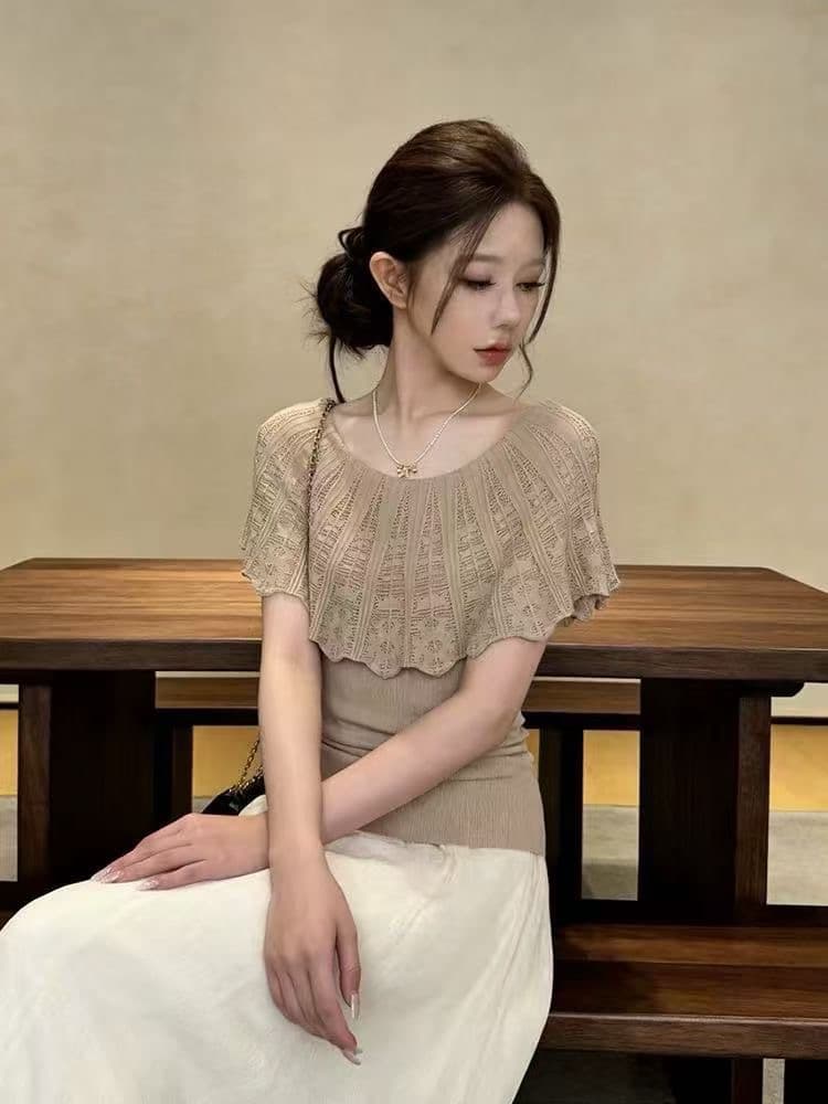 한 부서 부드러운 오프숄더 홀로우 아웃 니트 스웨터 여성 여름 새로운 품격 우아함 몸매 가꾸기 슬림해 보이는 연령 감소 작은 맨위