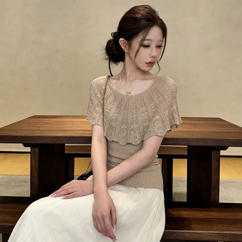 한 부서 부드러운 오프숄더 홀로우 아웃 니트 스웨터 여성 여름 새로운 품격 우아함 몸매 가꾸기 슬림해 보이는 연령 감소 작은 맨위 상세 이미지 3