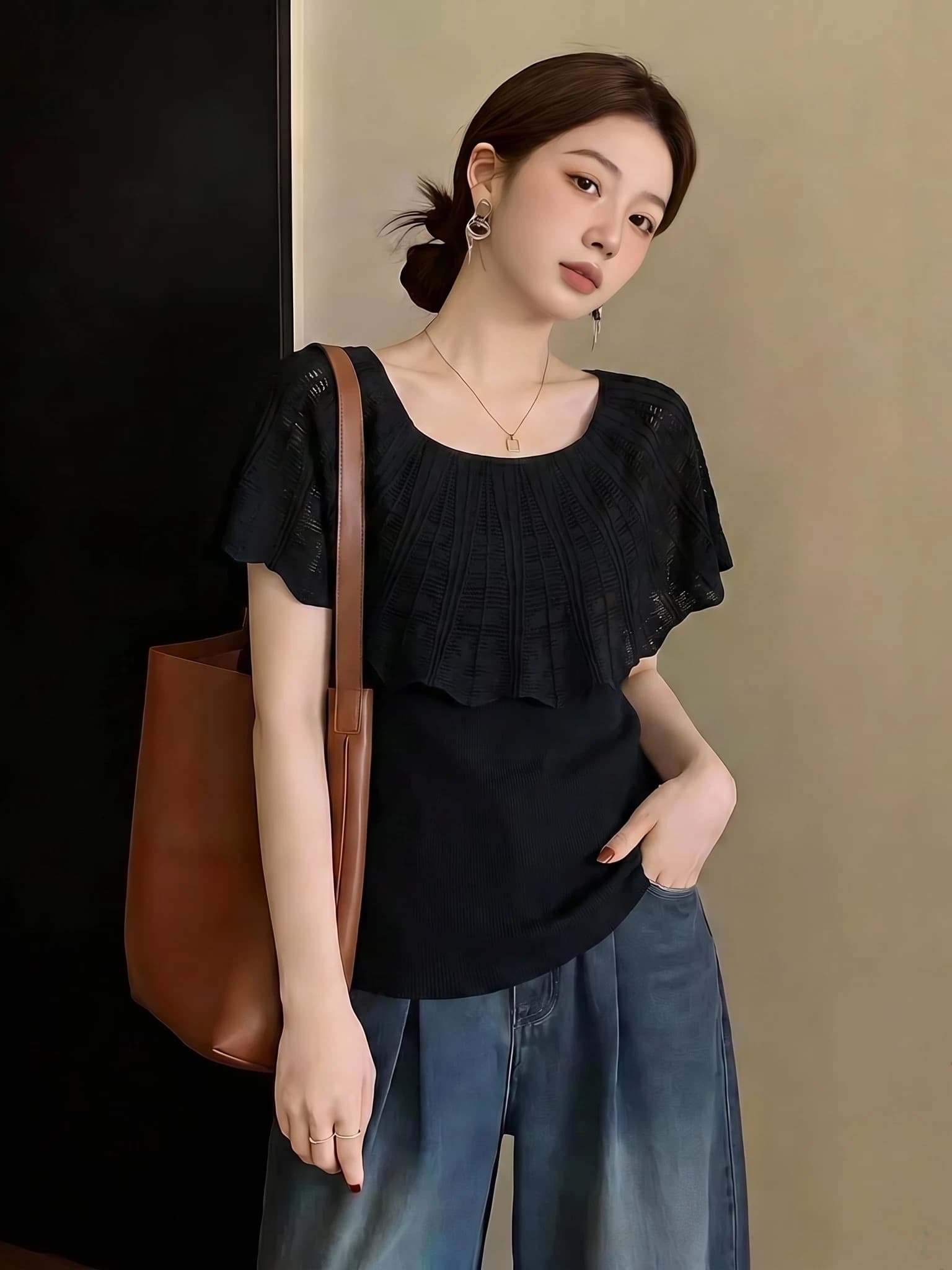 한 부서 부드러운 오프숄더 홀로우 아웃 니트 스웨터 여성 여름 새로운 품격 우아함 몸매 가꾸기 슬림해 보이는 연령 감소 작은 맨위 상세 이미지 4