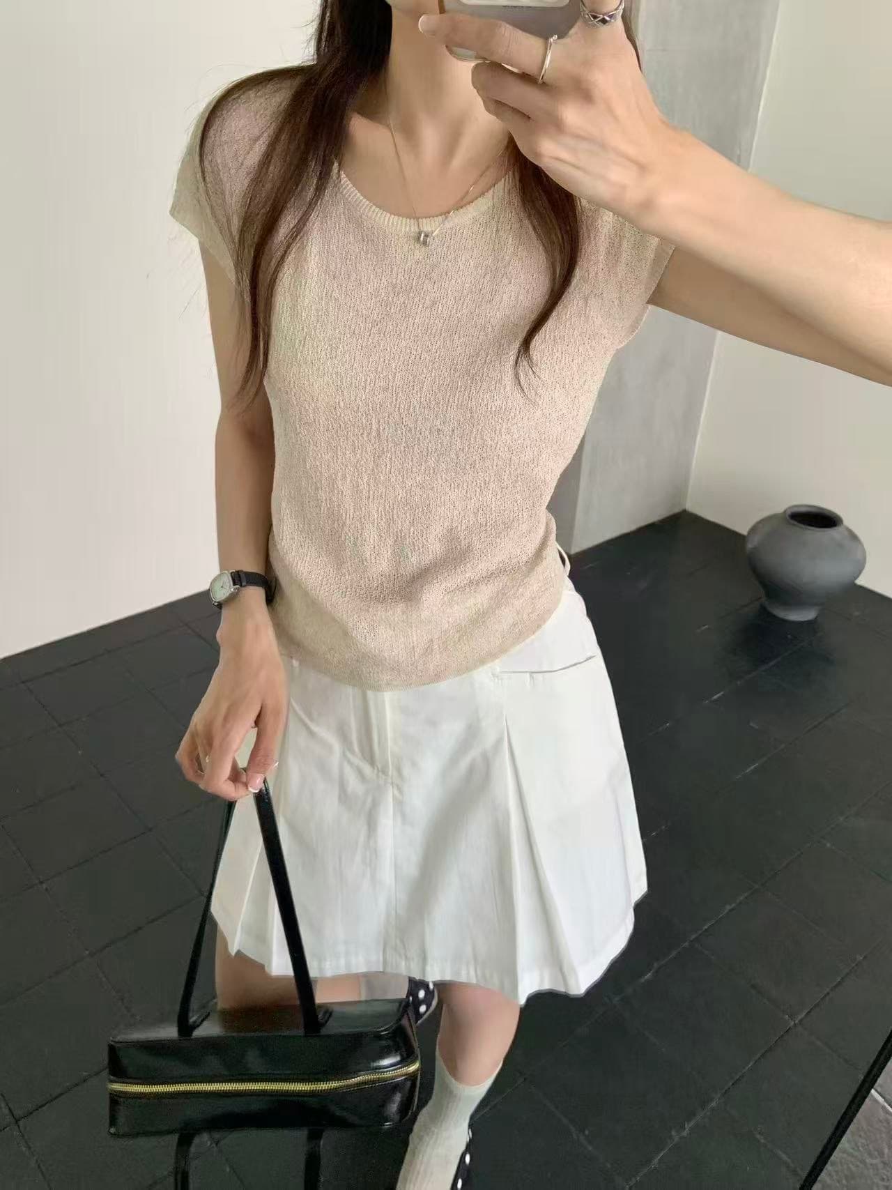 도파민 착용 가져 가라. 파란색 니트 Feifei 소매 티셔츠 여성 여름 작은 키 고유 한 아름다운 얼음 실크 반팔 맨위 상세 이미지 3