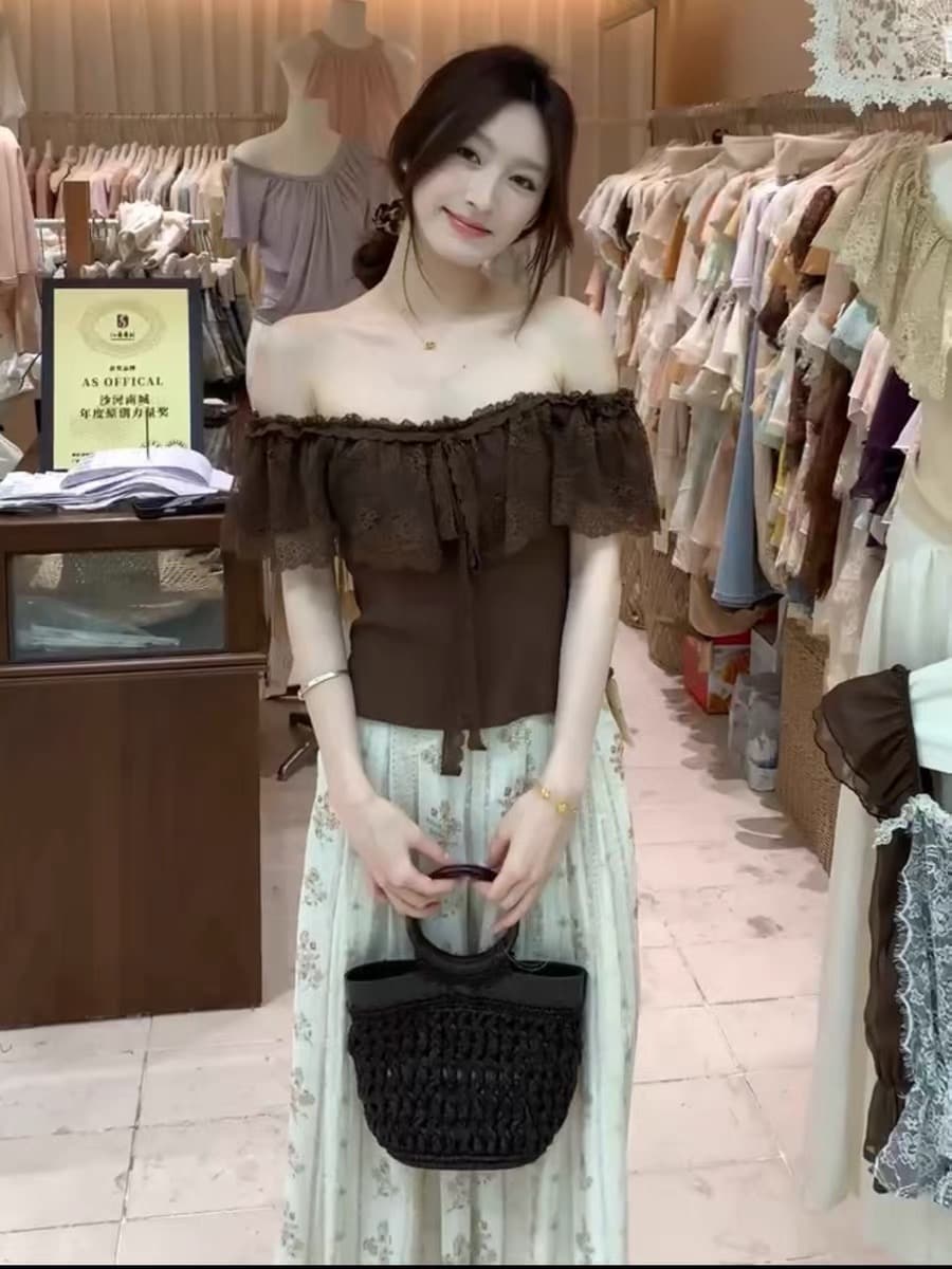 as 열세 개 여성 의류 여름 한 부서 프랑스식 부드러운 레이스 레이스 보트넥 니트 스웨터 오프숄더 몸매 가꾸기 맨위 상세 이미지 5