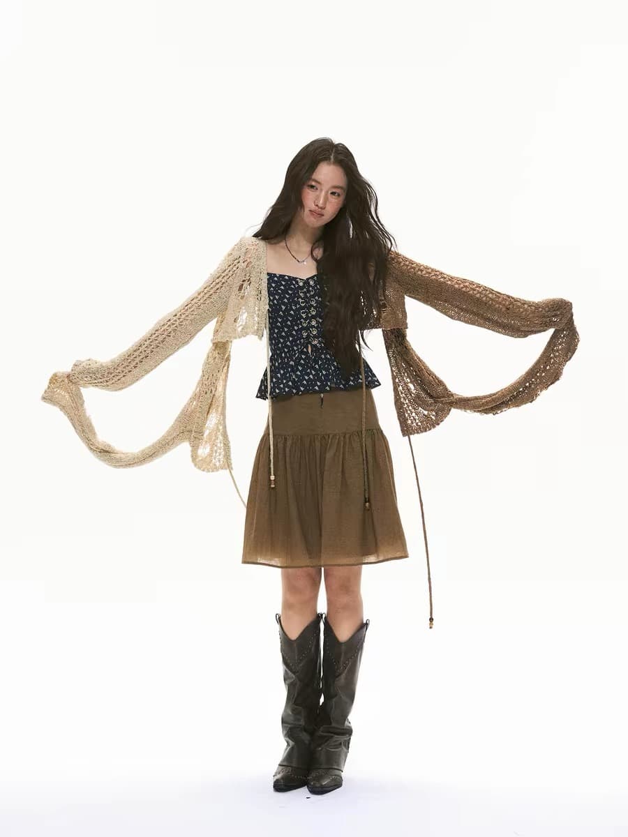 soolrok 소나무 아니요 라임 하나 여름 오리지널 패치워크 니트 홀로우 아웃 쇼트 스타일 다용도 자외선 차단 오픈 가디건 맨위 이미지 4