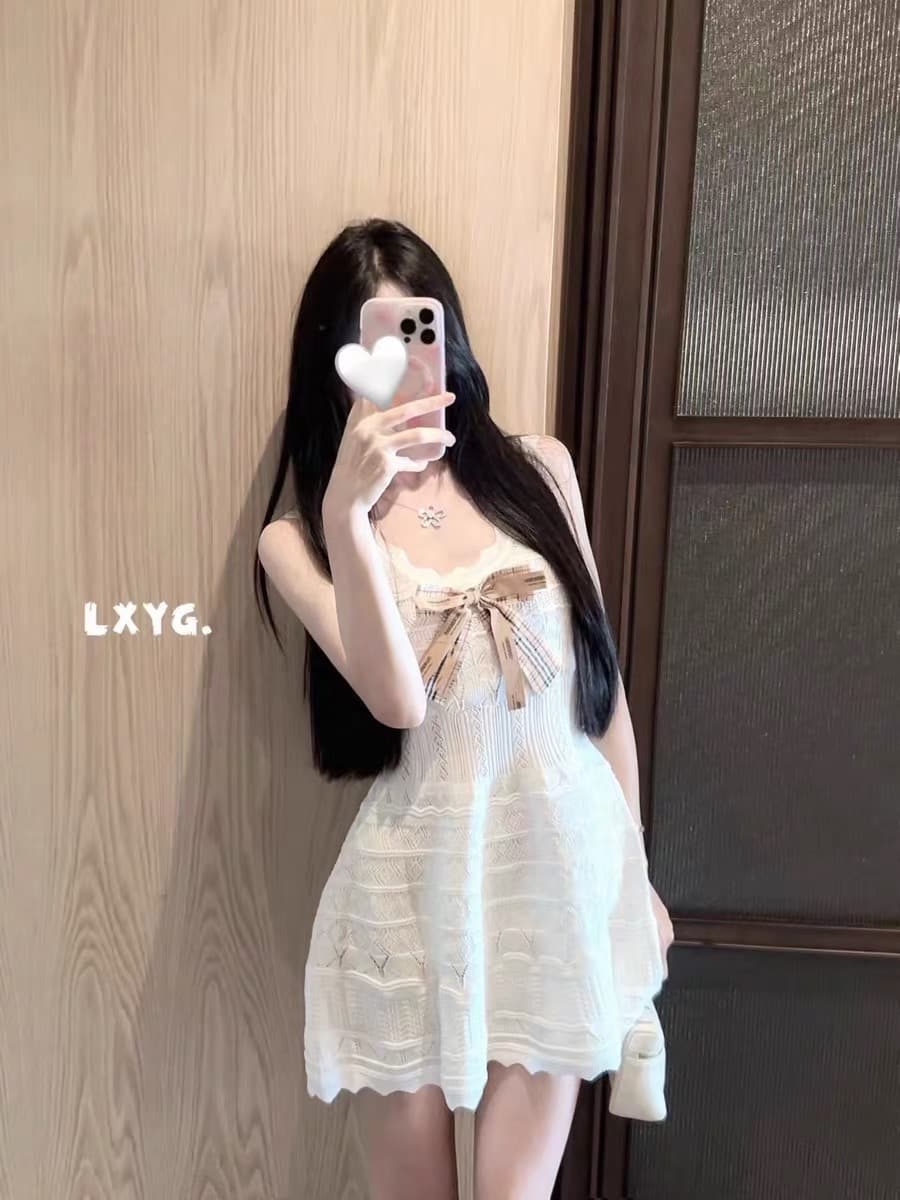 lxyg 여름 새로운 나비 매듭 화이트 민소매 얼음 실크 니트 조끼 원피스 허리 수축 한 마디 슬립 미니 스커트 이미지 3