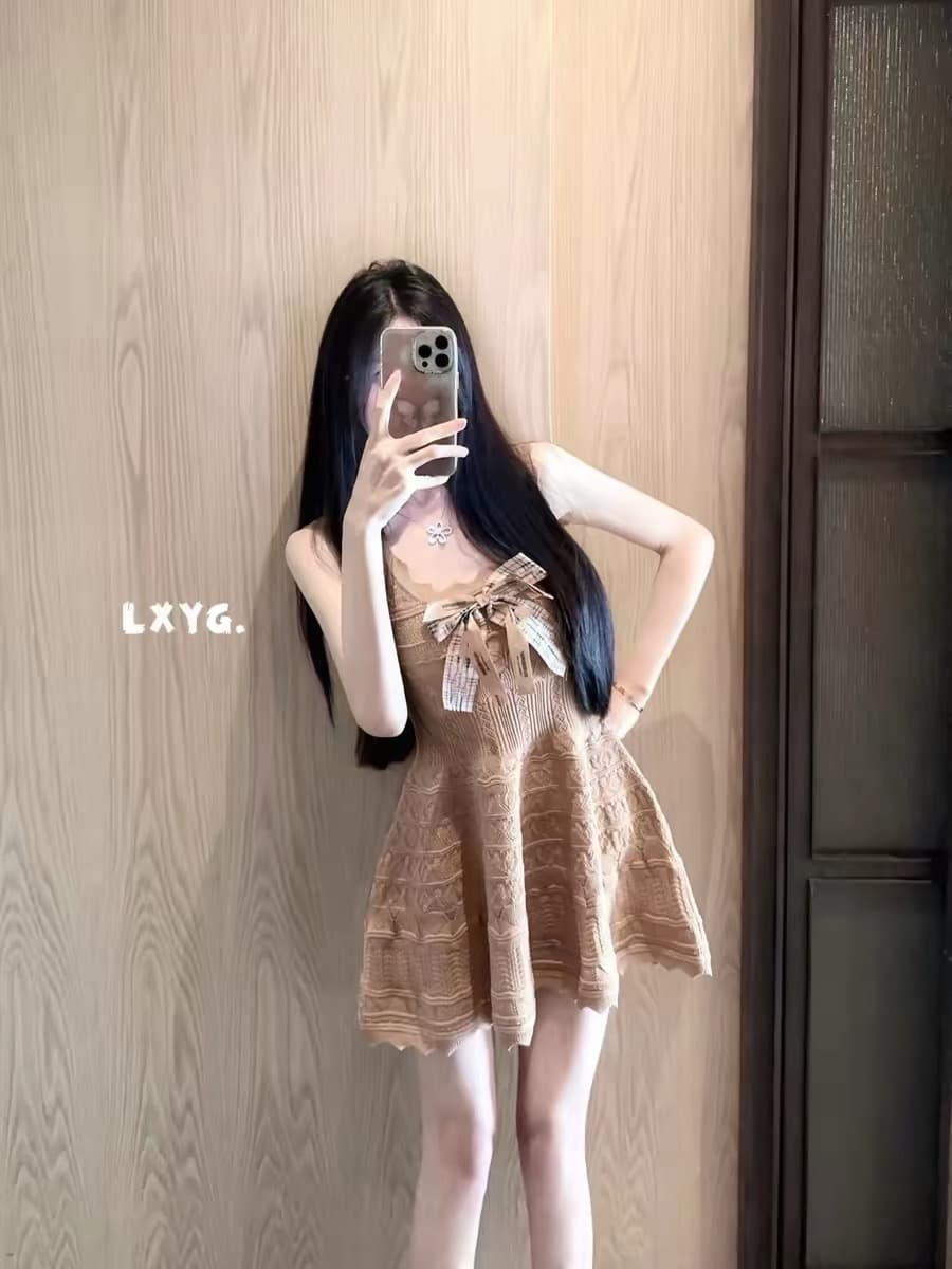 lxyg 여름 새로운 나비 매듭 화이트 민소매 얼음 실크 니트 조끼 원피스 허리 수축 한 마디 슬립 미니 스커트 상세 이미지 1