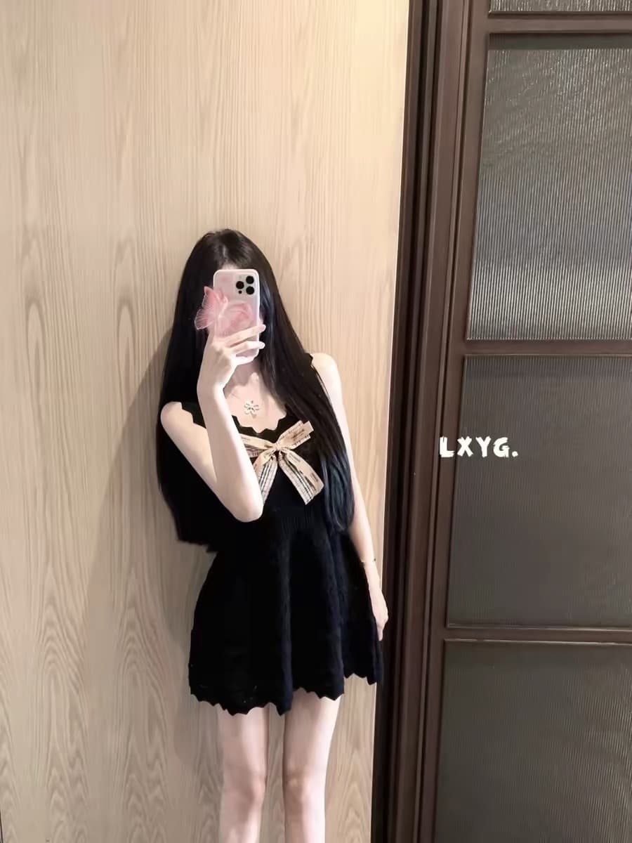 lxyg 여름 새로운 나비 매듭 화이트 민소매 얼음 실크 니트 조끼 원피스 허리 수축 한 마디 슬립 미니 스커트 상세 이미지 2