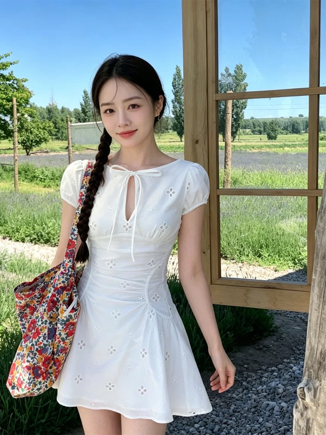 오리지널 한 부서 레트로 스타일 자수 홀로우 아웃 레이스업 나비 매듭 허리 수축 슬림해 보이는 드레스 상세 이미지 5