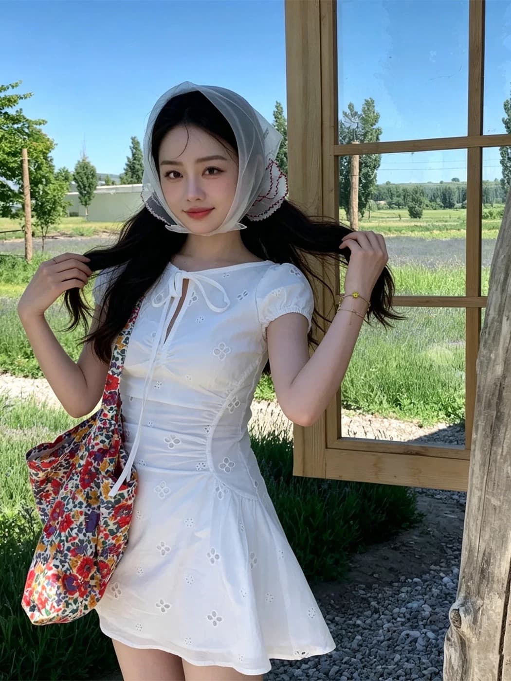 오리지널 한 부서 레트로 스타일 자수 홀로우 아웃 레이스업 나비 매듭 허리 수축 슬림해 보이는 드레스 상세 이미지 6