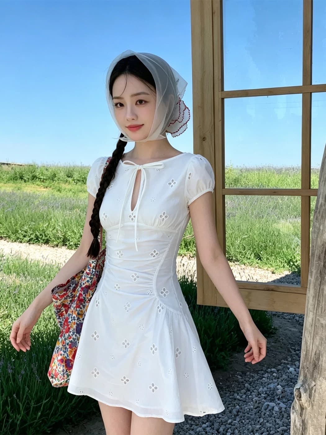 오리지널 한 부서 레트로 스타일 자수 홀로우 아웃 레이스업 나비 매듭 허리 수축 슬림해 보이는 드레스 상세 이미지 7