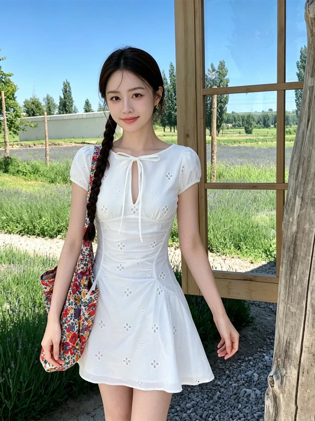 오리지널 한 부서 레트로 스타일 자수 홀로우 아웃 레이스업 나비 매듭 허리 수축 슬림해 보이는 드레스 상세 이미지 8