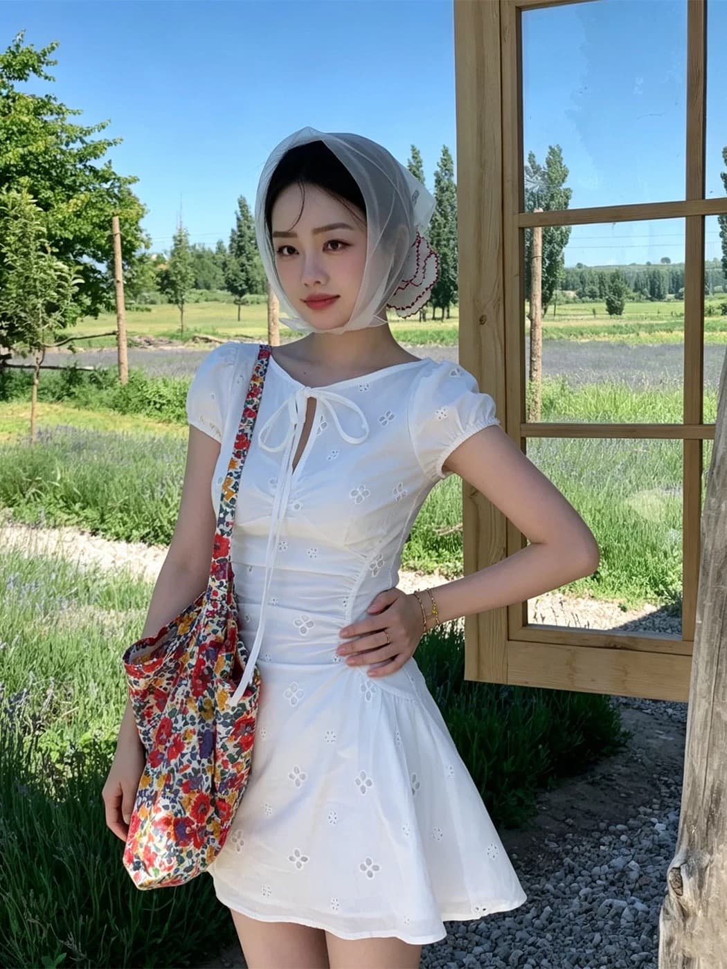 오리지널 한 부서 레트로 스타일 자수 홀로우 아웃 레이스업 나비 매듭 허리 수축 슬림해 보이는 드레스 상세 이미지 9