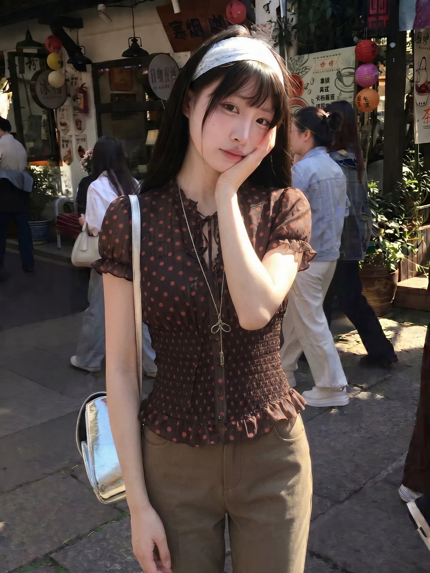 찬양하다 다우 yuzhi 프랑스식 레트로 도트 무늬 쉬폰 셔츠 여성용 짧은 소매 여름 새로운 허리 수축 슬림해 보이는 외국 가스 맨위 이미지 3