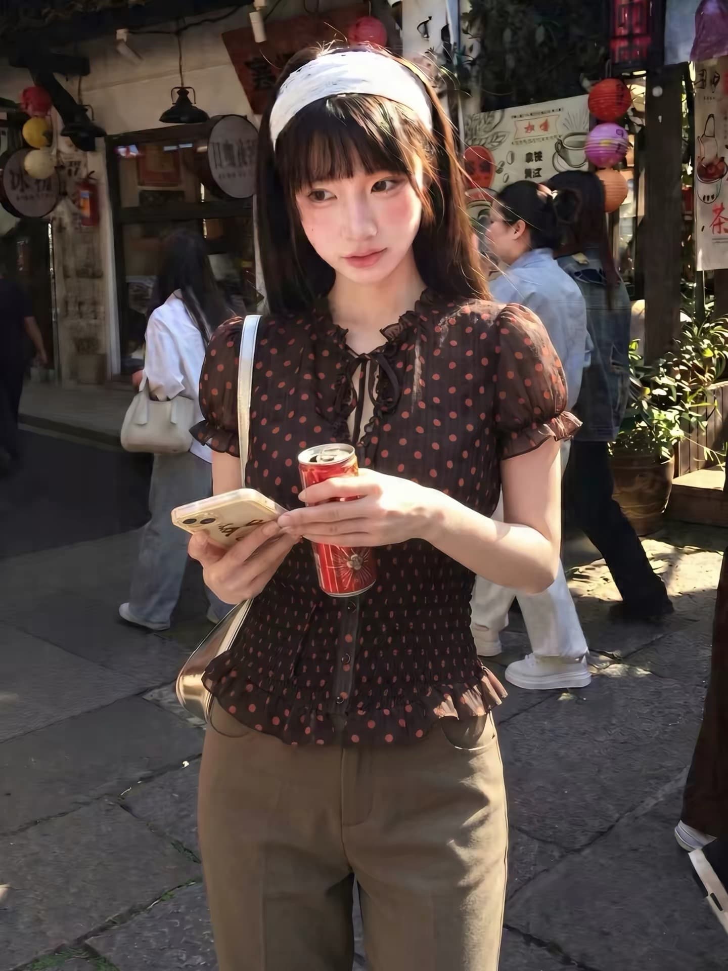 찬양하다 다우 yuzhi 프랑스식 레트로 도트 무늬 쉬폰 셔츠 여성용 짧은 소매 여름 새로운 허리 수축 슬림해 보이는 외국 가스 맨위 이미지 2