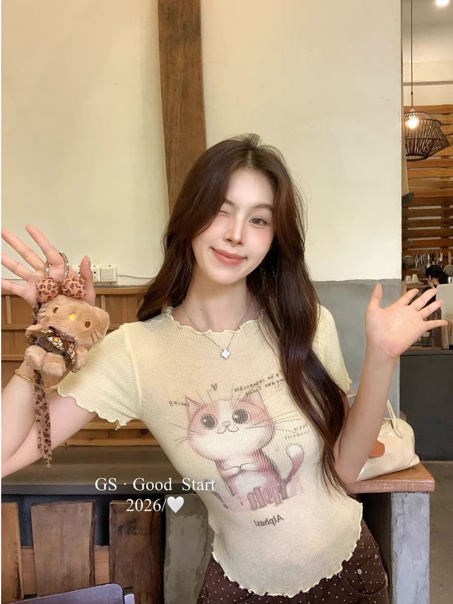 gs.good start- 여름 세련된 순수한 욕망 프린트 몸매 가꾸기 고급 센스 니트 반팔 작은 셔츠 여성 d1229 상세 이미지 2