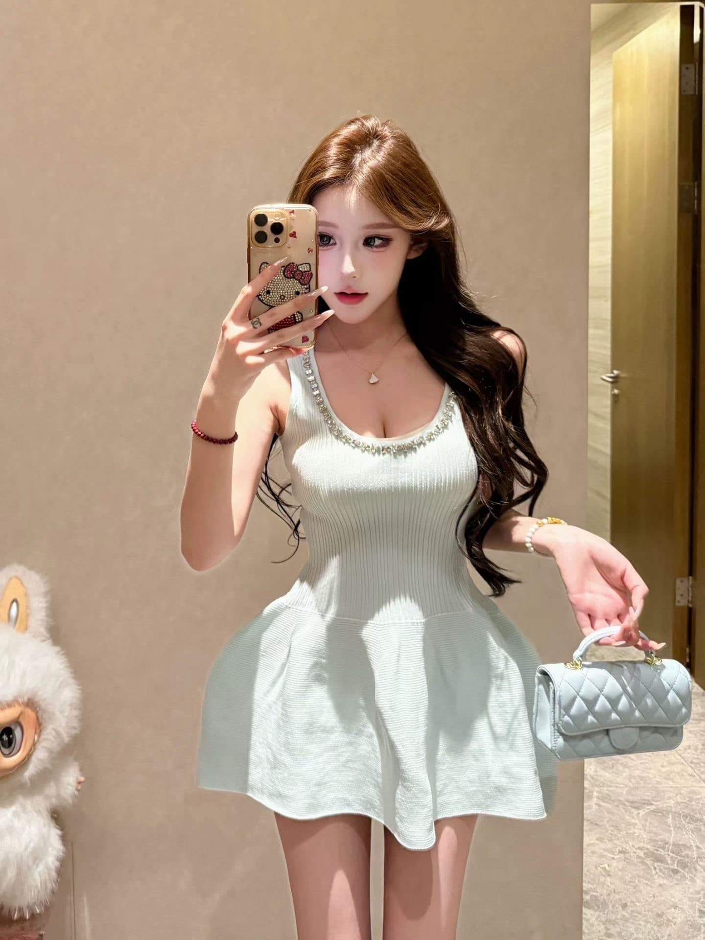 달콤함 프랑스식 Chic 무거운 작업 다이아몬드 세팅 u 칼라 니트 조끼 스커트 여성 꼬집기 허리 슬림해 보이는 꽃밭 치마 2026 여름 예복 상세 이미지 6