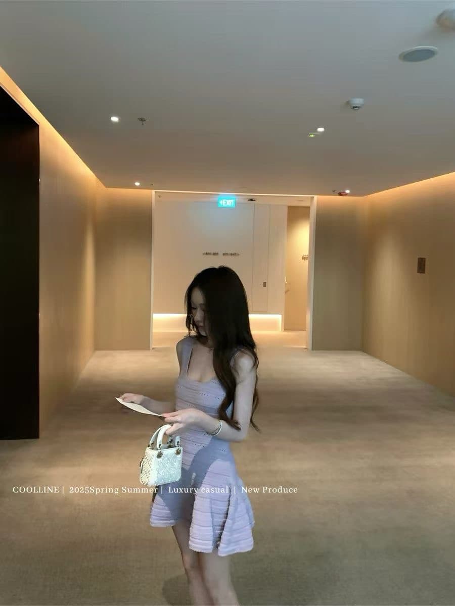 한 부서 한 마디 민소매 조끼 여성 드레스 여름 부드러운 순수한 욕망 품격 보라색 광장 칼라 허리 수축 니트 미니 스커트 상세 이미지 4