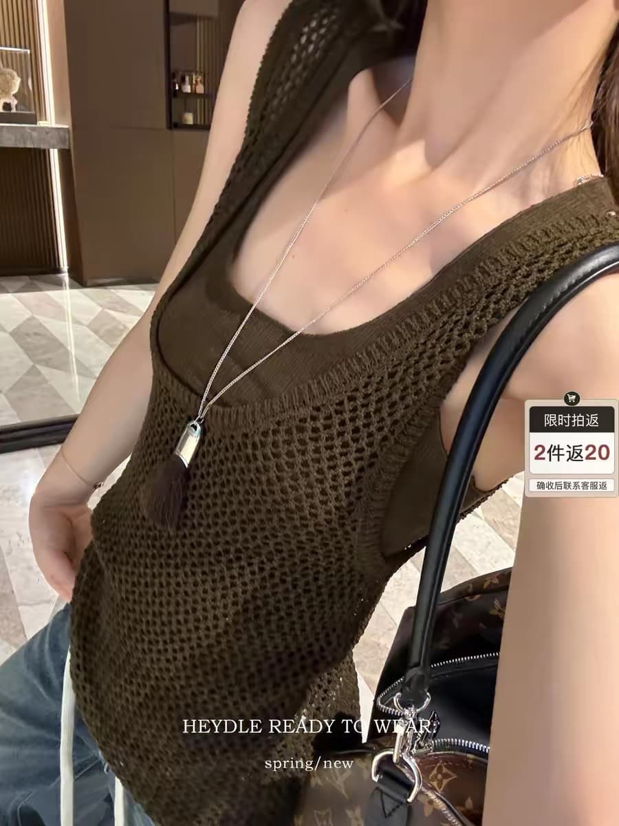 검은 콩 흠 느슨함 有度 대 u 칼라 홀로우 아웃 메쉬 조끼 블라우스 단어 뒤로 비틀림 슬립 투피스 세트 이미지 3