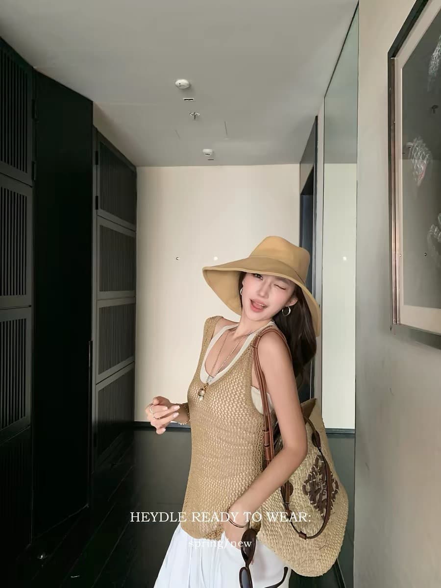 검은 콩 흠 느슨함 有度 대 u 칼라 홀로우 아웃 메쉬 조끼 블라우스 단어 뒤로 비틀림 슬립 투피스 세트 상세 이미지 1