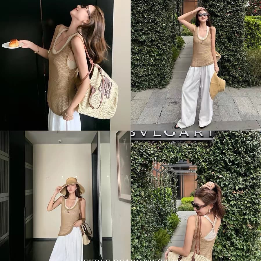 검은 콩 흠 느슨함 有度 대 u 칼라 홀로우 아웃 메쉬 조끼 블라우스 단어 뒤로 비틀림 슬립 투피스 세트 상세 이미지 5