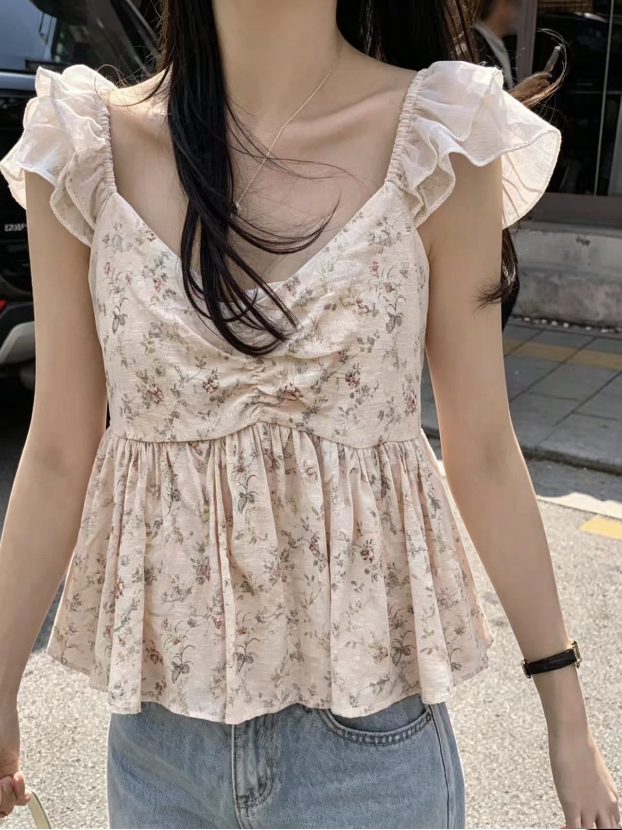 한국 chic 여름 프랑스식 품격 V넥 프릴 작은 날다 소매 시폰 셔츠 여성 루즈핏 인형 셔츠 맨위 트렌디 이미지 2