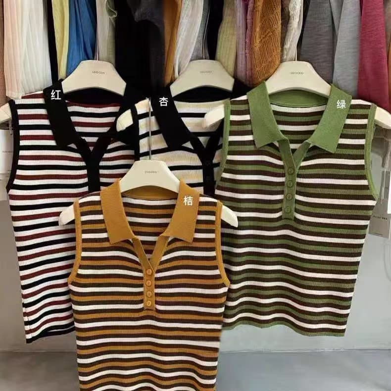 한 부서 POLO 칼라 배색 스트라이프 얼음 실크 니트 스웨터 여성 민소매 조끼 베스트 몸매 가꾸기 슬림해 보이는 고급 센스 맨위 상세 이미지 8