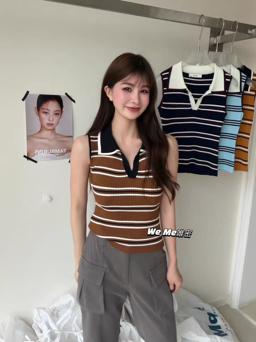 2026 여름 새로운 한국 스타일 초박형 순수한 욕망 품격 POLO 칼라 스트라이프 니트 스웨터 맨위 민소매 조끼 트렌디 상세 이미지 5