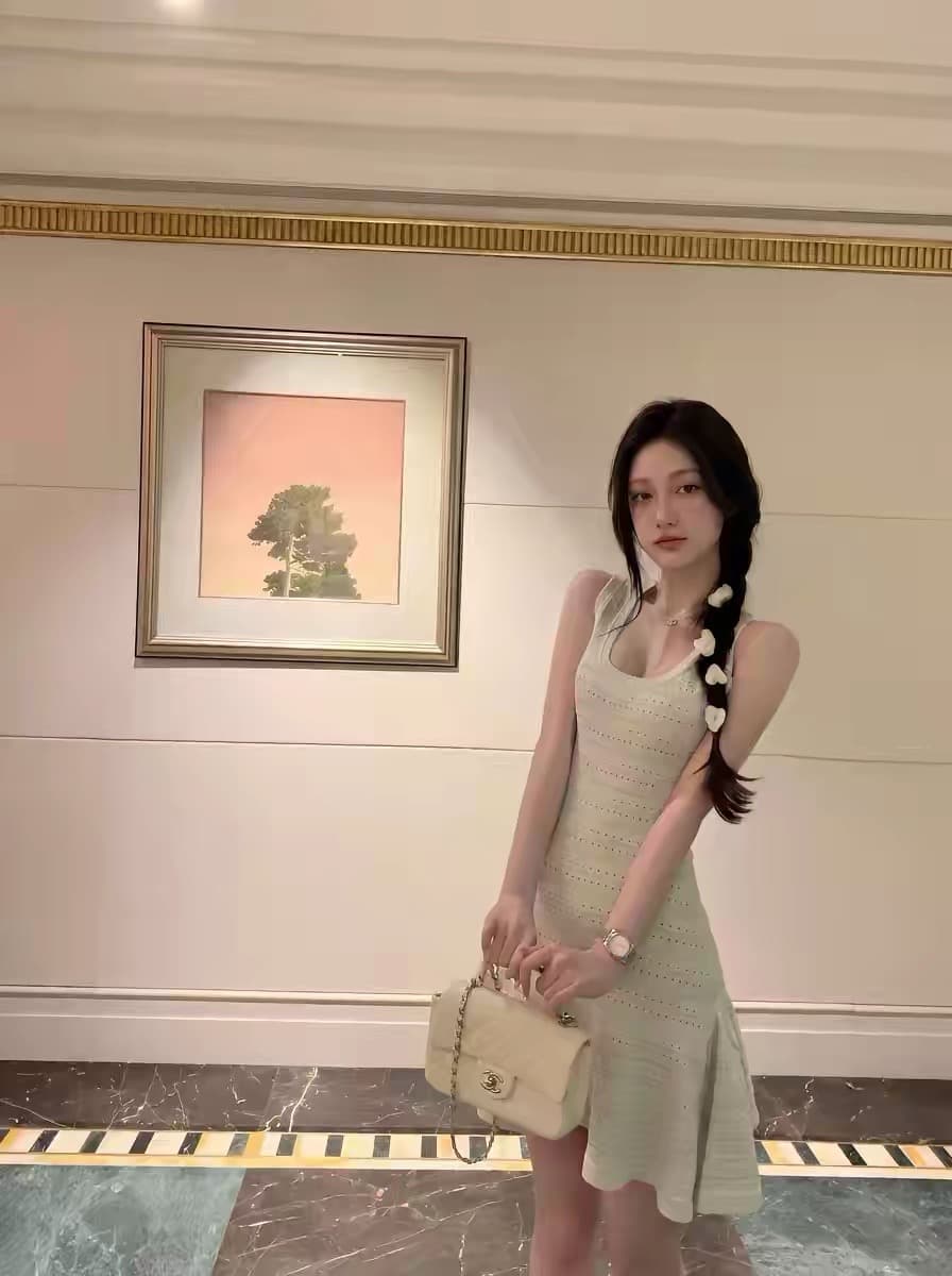녹색 u 칼라 홀로우 아웃 니트 슬립 여성 드레스 여름 한 부서 순수한 욕망 부드러운 품격 허리 수축 한 마디 짧은 치마 상세 이미지 1