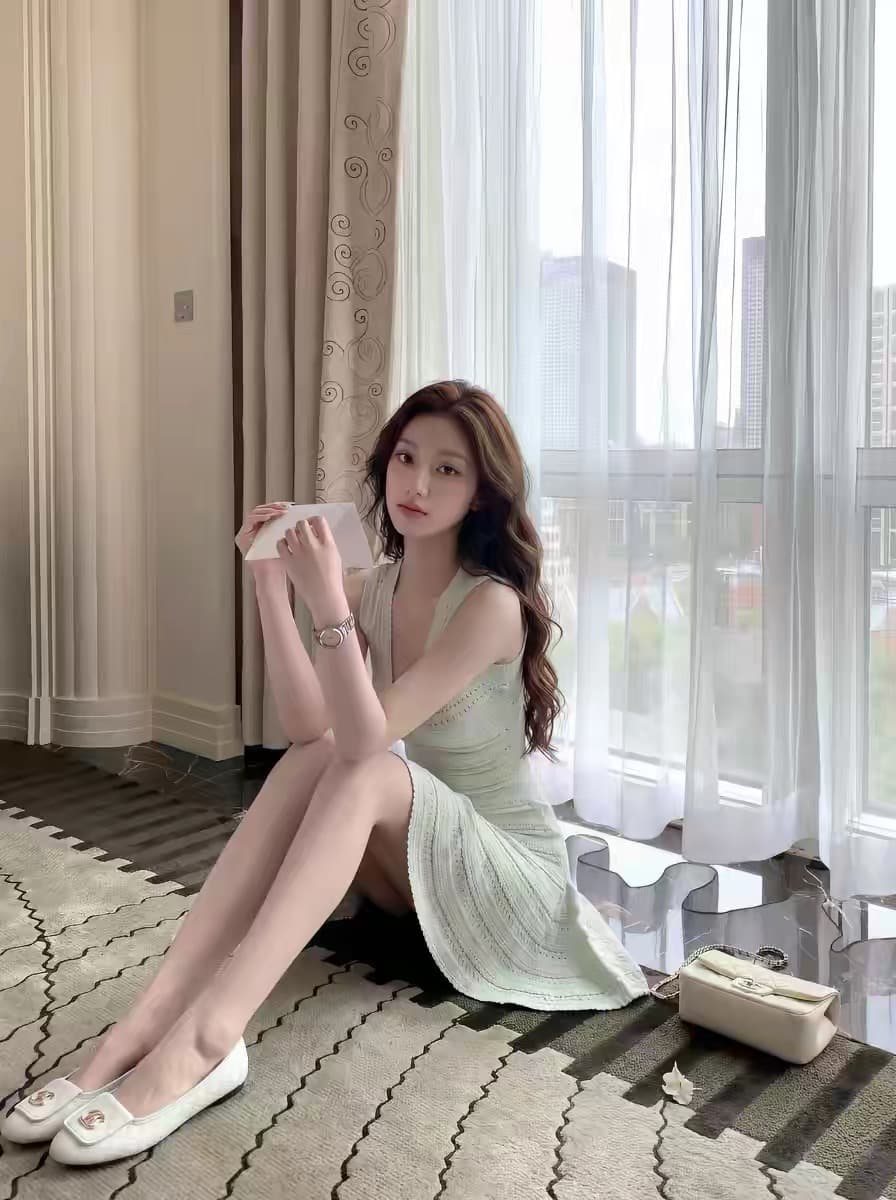 녹색 u 칼라 홀로우 아웃 니트 슬립 여성 드레스 여름 한 부서 순수한 욕망 부드러운 품격 허리 수축 한 마디 짧은 치마 상세 이미지 2