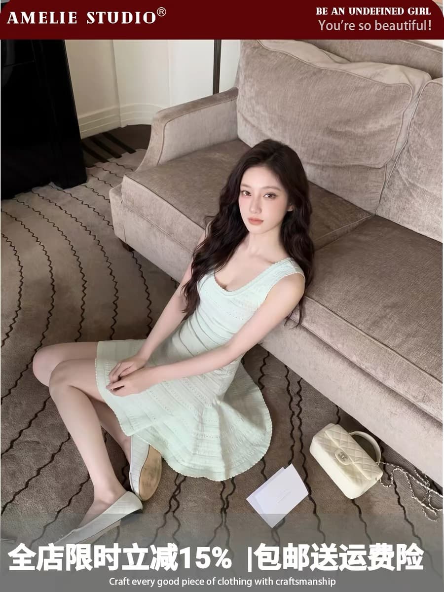 녹색 u 칼라 홀로우 아웃 니트 슬립 여성 드레스 여름 한 부서 순수한 욕망 부드러운 품격 허리 수축 한 마디 짧은 치마 상세 이미지 3