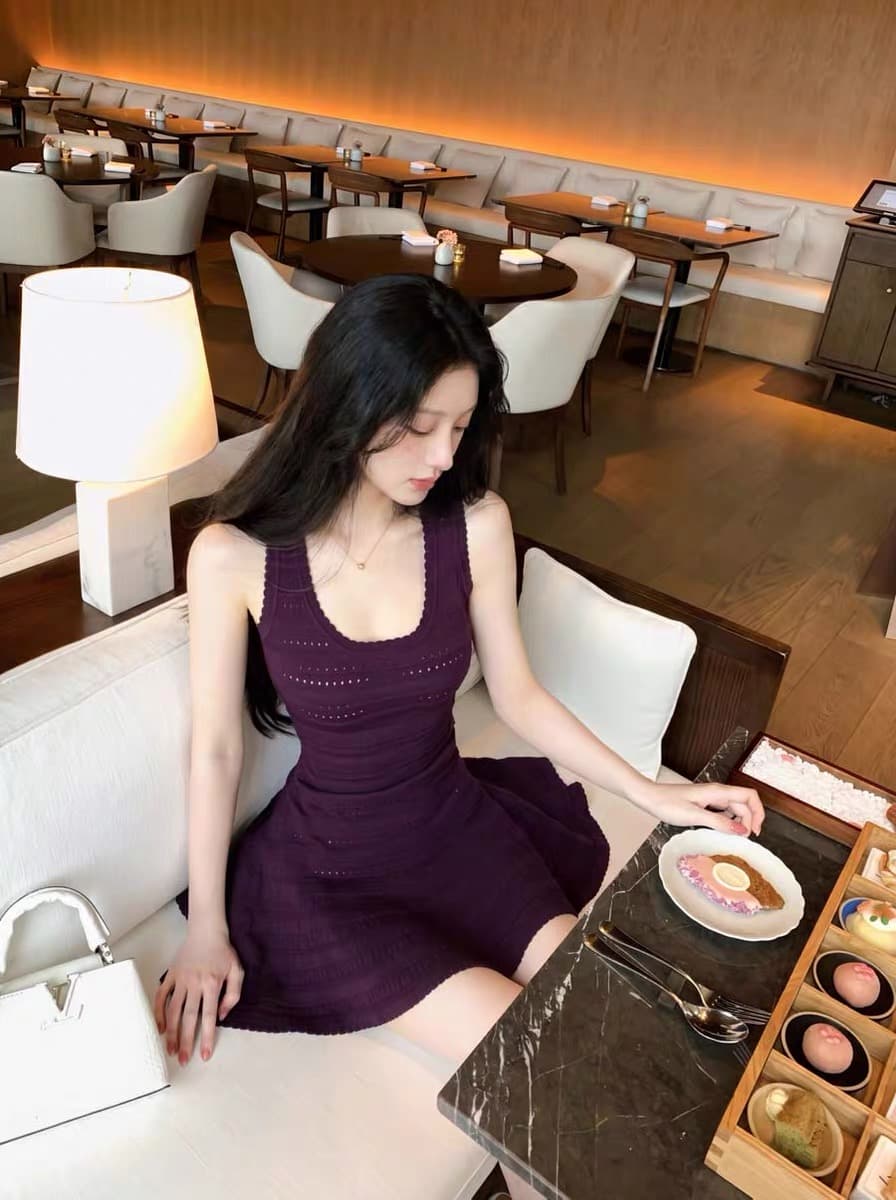 녹색 u 칼라 홀로우 아웃 니트 슬립 여성 드레스 여름 한 부서 순수한 욕망 부드러운 품격 허리 수축 한 마디 짧은 치마 상세 이미지 4