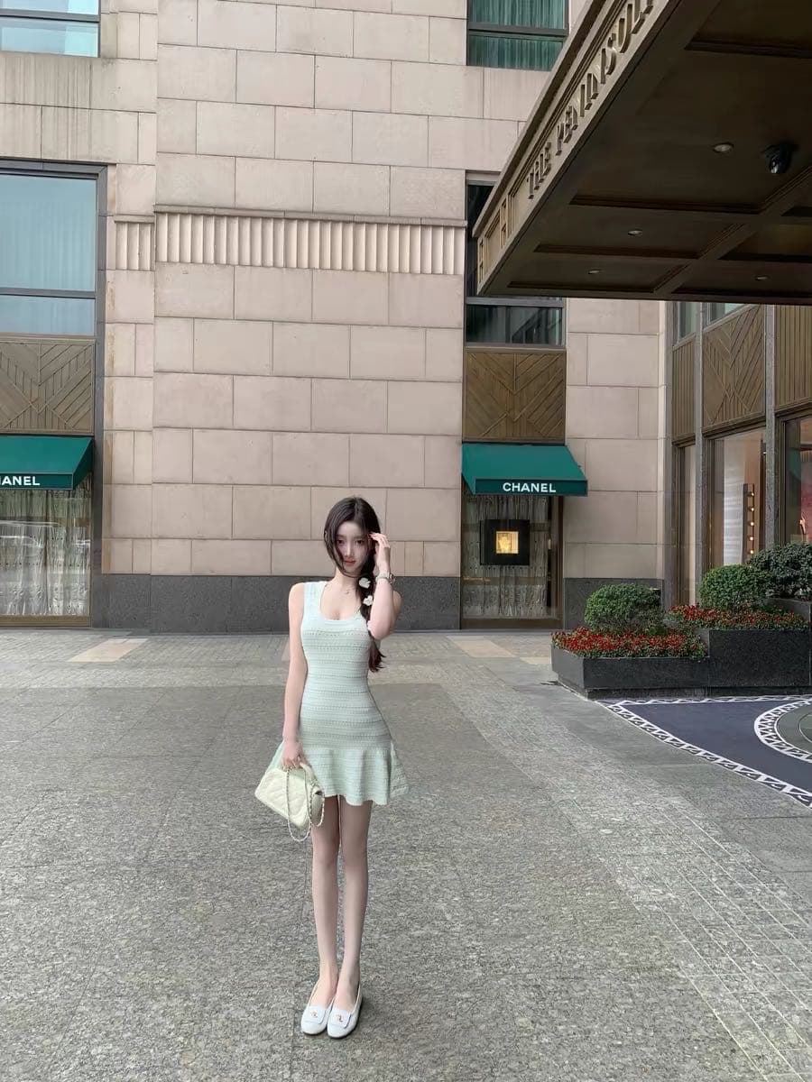 녹색 u 칼라 홀로우 아웃 니트 슬립 여성 드레스 여름 한 부서 순수한 욕망 부드러운 품격 허리 수축 한 마디 짧은 치마 상세 이미지 7
