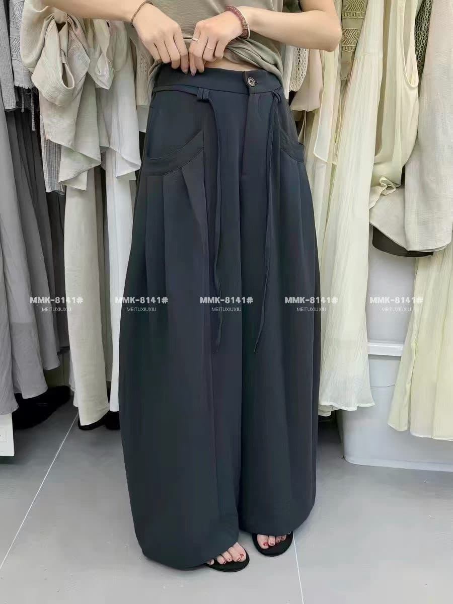 한 부서 아마 높은 품질 플리츠 도루 센스 캐주얼 와이드 레깅스 바지 26 여름 얇은 스타일 루즈핏 슬림해 보이는 다용도 긴 바지 상세 이미지 3