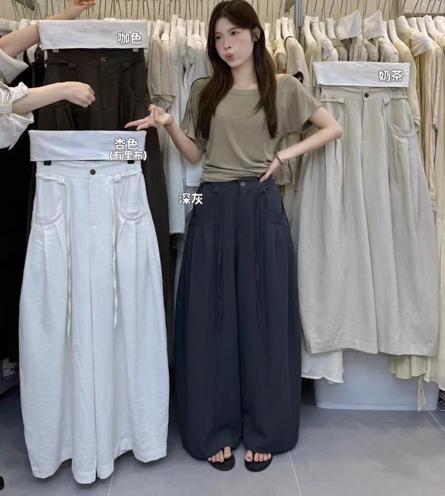 한 부서 아마 높은 품질 플리츠 도루 센스 캐주얼 와이드 레깅스 바지 26 여름 얇은 스타일 루즈핏 슬림해 보이는 다용도 긴 바지 상세 이미지 4