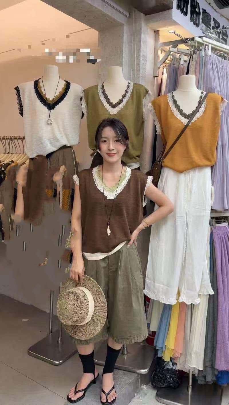 유럽 상품 새로운 패션 디자인 센스 배색 레이스 레이스 V넥 페이크 레이어드 니트 스웨터 여성 다용도 외국 가스 맨위