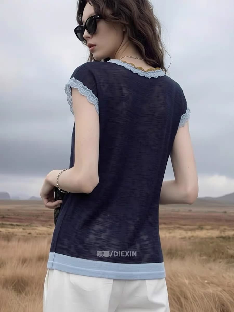2026 여름 새로운 작은 대중 디자인 센스 V넥 배색 레이스 측면 니트 스웨터 여성용 짧은 소매 다용도 슬림해 보이는 맨위 상세 이미지 7