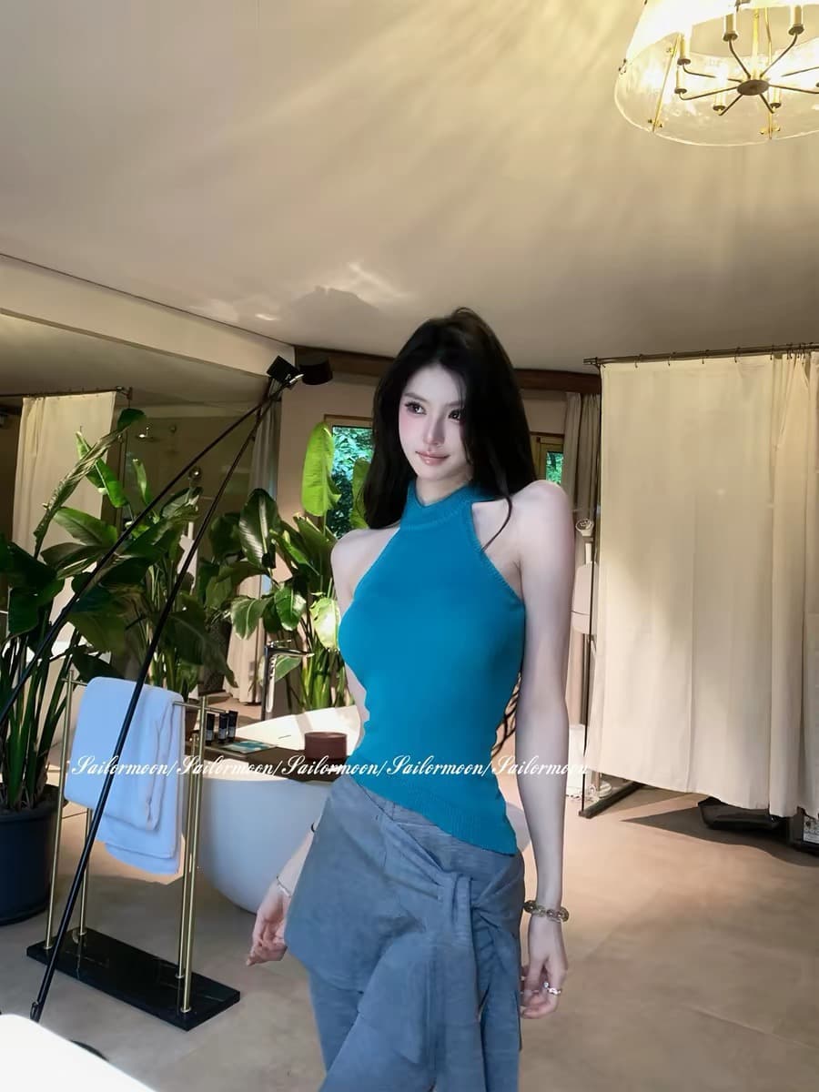 f projectchil 청각 장애인 더블 레이스업 불규칙 반하이넥 니트 고급 센스 조끼 맨위 여성 상세 이미지 2