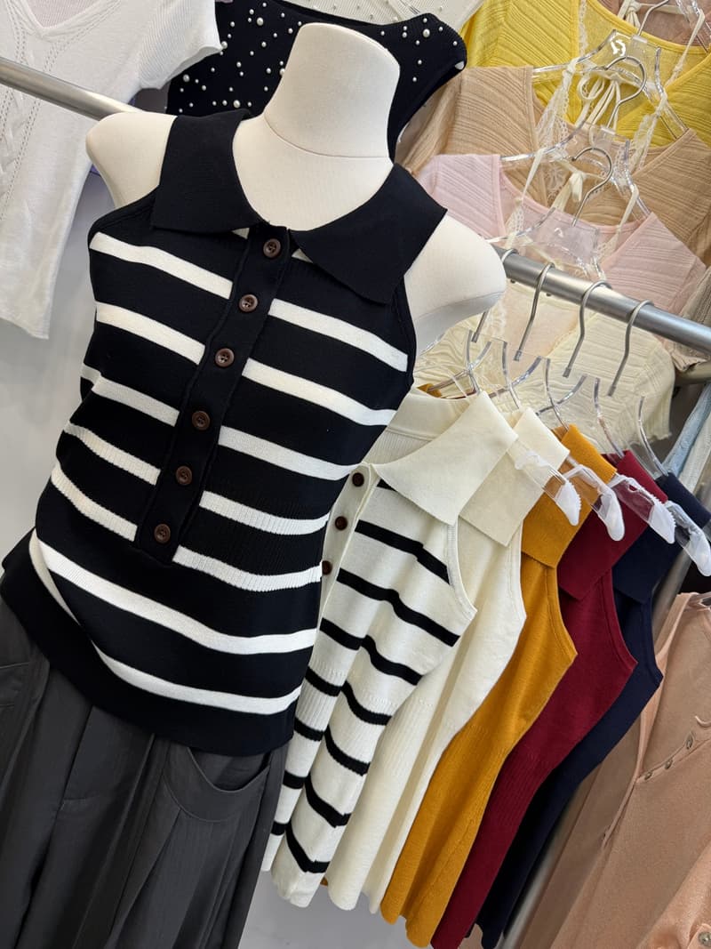 POLO 칼라 흑백 줄무늬 니트 캐미솔 여름 몸매 가꾸기 슬림해 보이는 민소매 단추 인사이드 가져 가라. 쇼트 스타일 맨위 상세 이미지 4