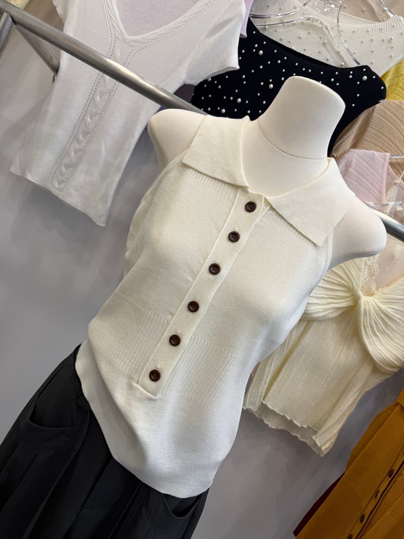 POLO 칼라 흑백 줄무늬 니트 캐미솔 여름 몸매 가꾸기 슬림해 보이는 민소매 단추 인사이드 가져 가라. 쇼트 스타일 맨위 상세 이미지 13