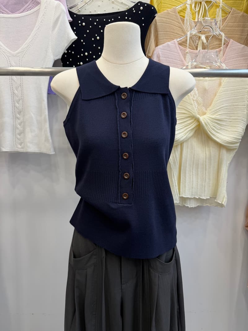 POLO 칼라 흑백 줄무늬 니트 캐미솔 여름 몸매 가꾸기 슬림해 보이는 민소매 단추 인사이드 가져 가라. 쇼트 스타일 맨위 상세 이미지 18
