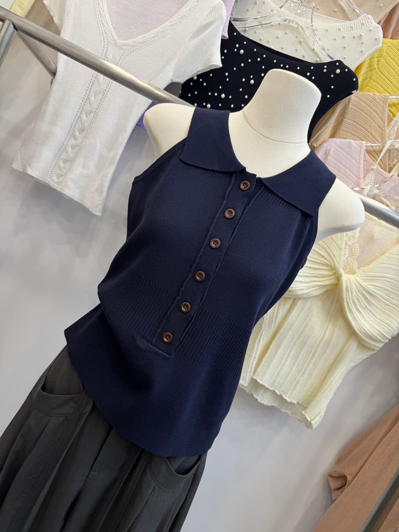 POLO 칼라 흑백 줄무늬 니트 캐미솔 여름 몸매 가꾸기 슬림해 보이는 민소매 단추 인사이드 가져 가라. 쇼트 스타일 맨위 상세 이미지 19