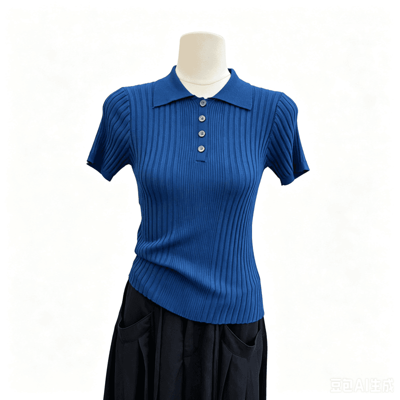 톰 글 래 원인 블루 POLO 칼라 니트 반팔 여성 여름 구덩이 기사 몸매 가꾸기 쇼트 스타일 폴로 칼라 단추 슬림해 보이는 다용도 상세 이미지 2