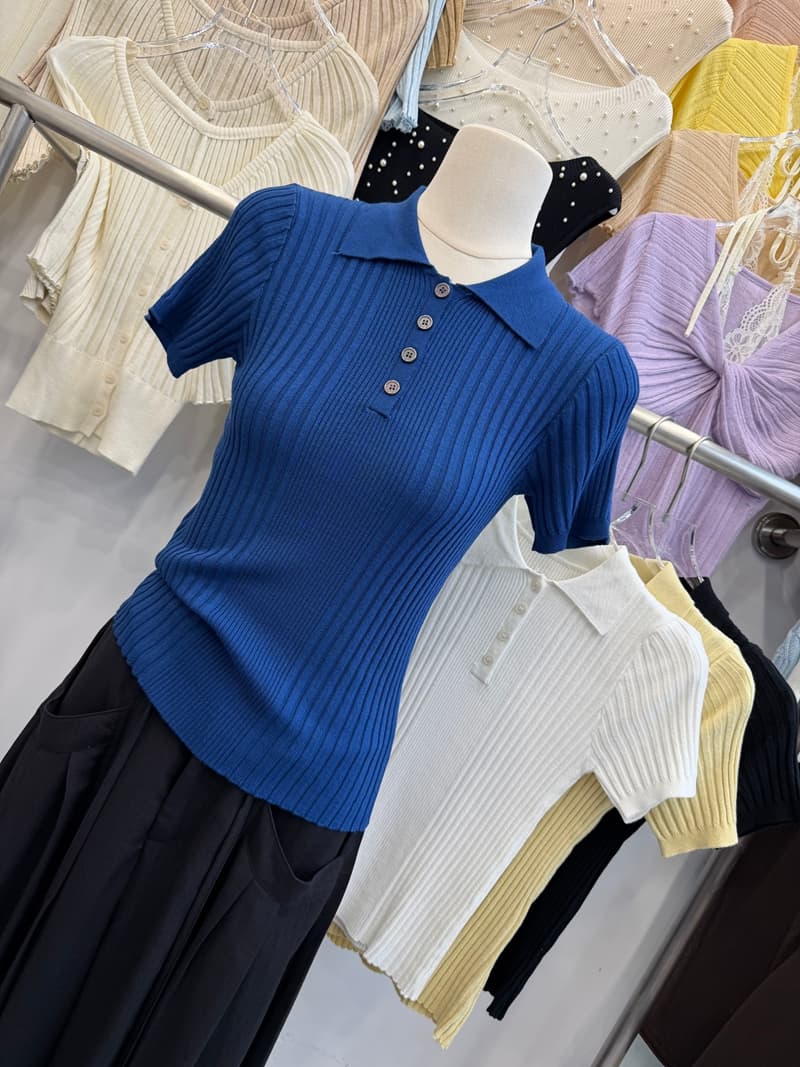 톰 글 래 원인 블루 POLO 칼라 니트 반팔 여성 여름 구덩이 기사 몸매 가꾸기 쇼트 스타일 폴로 칼라 단추 슬림해 보이는 다용도 상세 이미지 4