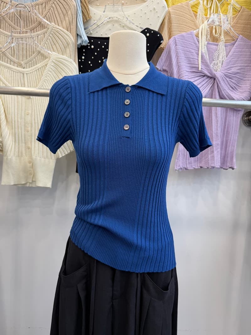 톰 글 래 원인 블루 POLO 칼라 니트 반팔 여성 여름 구덩이 기사 몸매 가꾸기 쇼트 스타일 폴로 칼라 단추 슬림해 보이는 다용도 상세 이미지 5