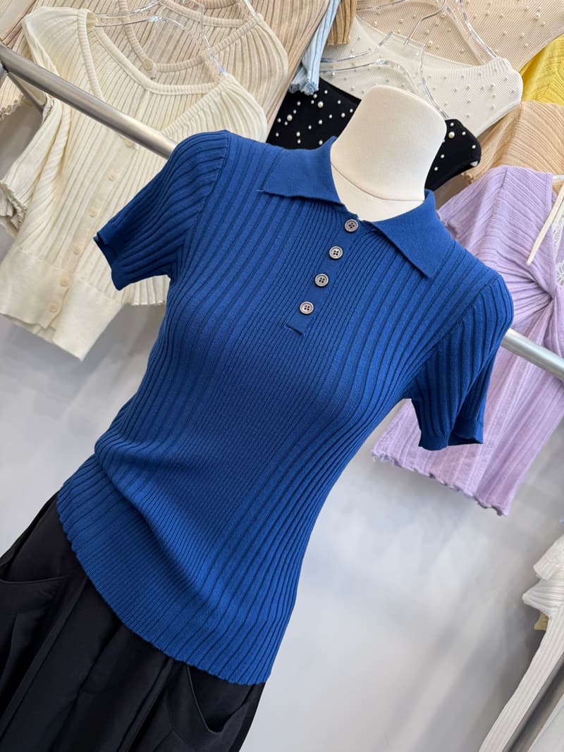 톰 글 래 원인 블루 POLO 칼라 니트 반팔 여성 여름 구덩이 기사 몸매 가꾸기 쇼트 스타일 폴로 칼라 단추 슬림해 보이는 다용도 상세 이미지 6