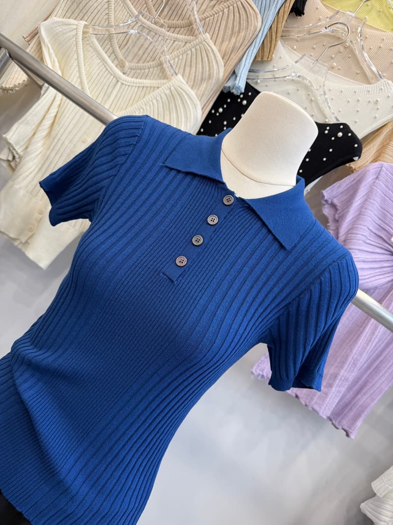 톰 글 래 원인 블루 POLO 칼라 니트 반팔 여성 여름 구덩이 기사 몸매 가꾸기 쇼트 스타일 폴로 칼라 단추 슬림해 보이는 다용도 상세 이미지 7