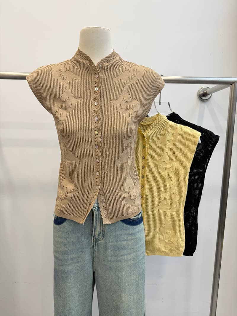 한 부서 부드러운 물결무늬 칼라 홀로우 아웃 니트 베스트 색상 조개 버클 몸매 가꾸기 슬림해 보이는 민소매 조끼 오픈 가디건 이미지 2