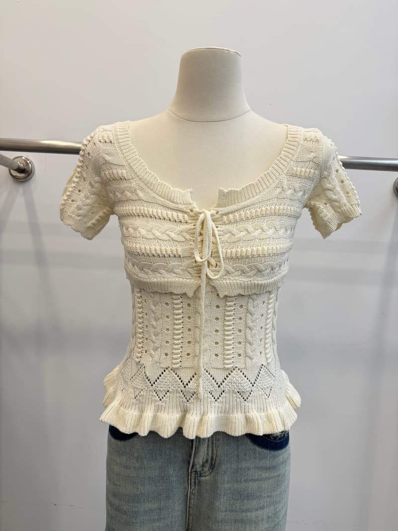 프랑스식 홀로우 아웃 꽈배기 니트 반팔 여성 여름 분기 별 칼라 펌프 로프 허리 수축 쇼트 스타일 프릴 순수한 욕망 몸매 가꾸기 맨위 상세 이미지 11