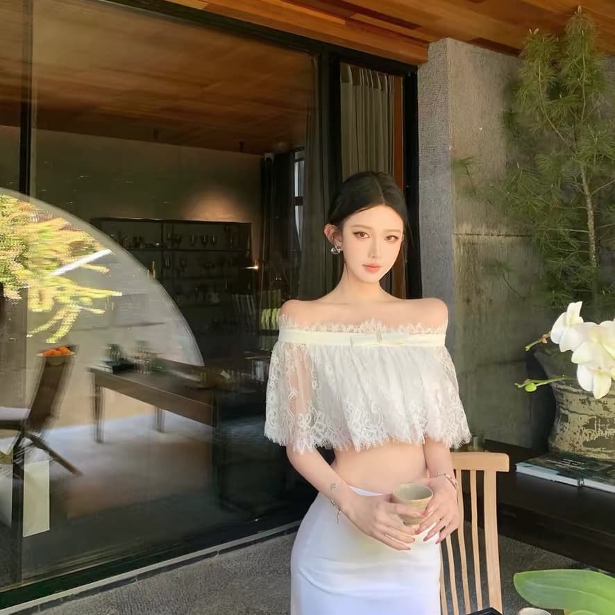 jayky yangfoloria 꿈 오프숄더 나비 매듭 레이스 맨위 쇼트 스타일 한 마디 치마 세트 이미지 5