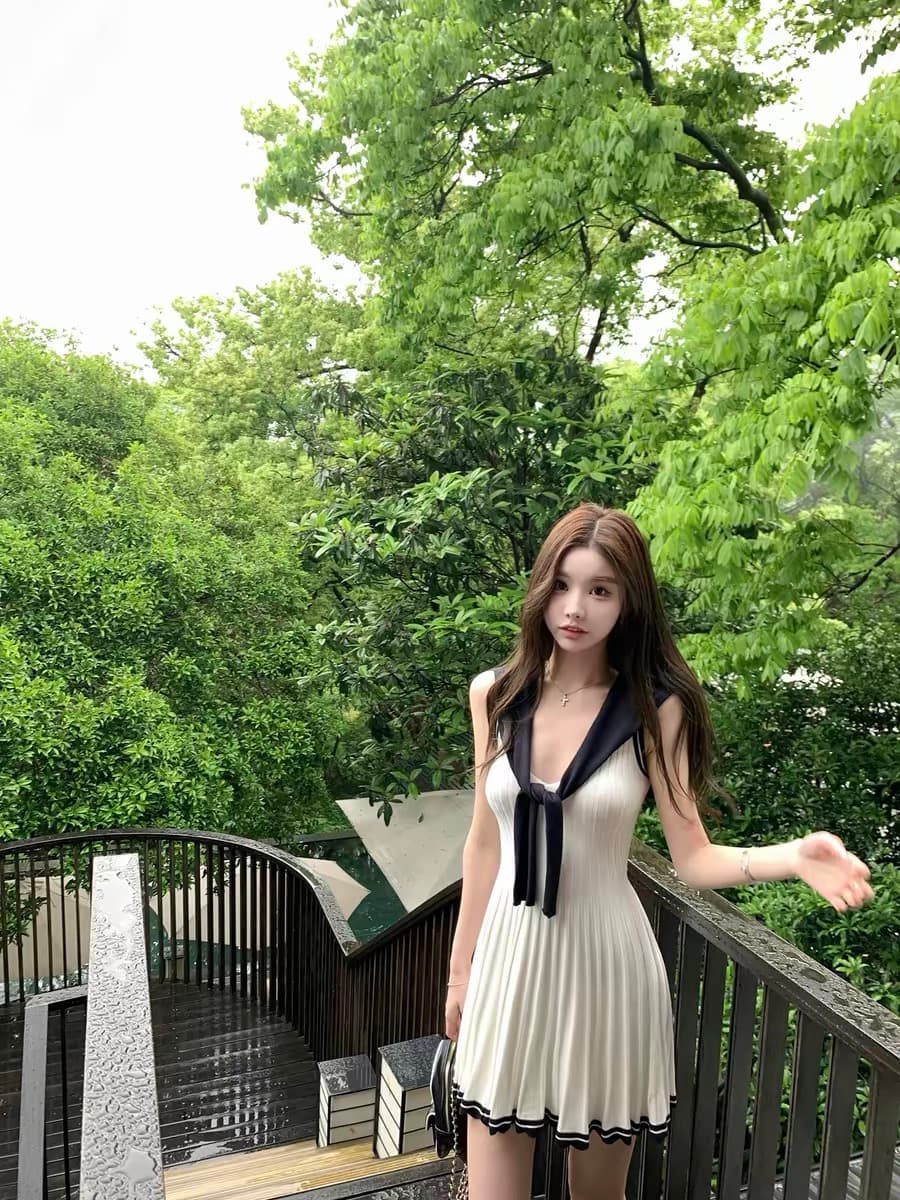 치우 고기 야오 miu 부서 사설 서비스 느슨함 한 부서 통기성 배색 숄 드레스 투피스 세트 여름 드레스 이미지 3